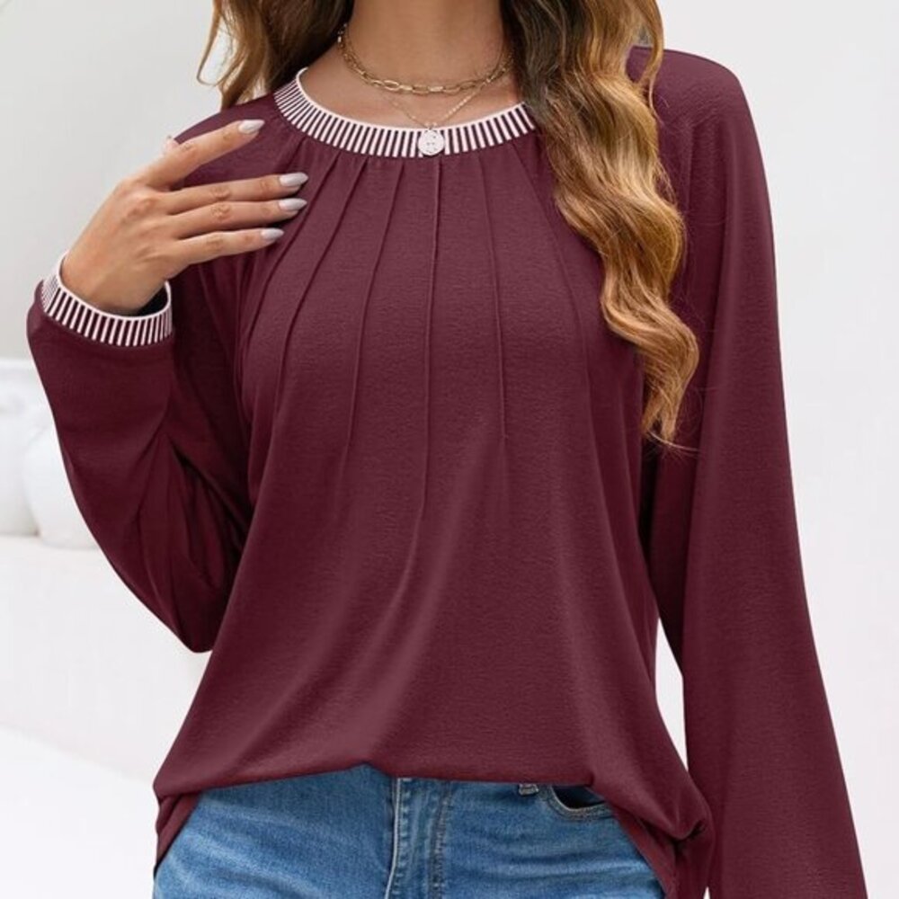 2024 Fall Women's Long Sleeve Top - Pleated, Crew‎ Neck, Color Block, Casual Fit